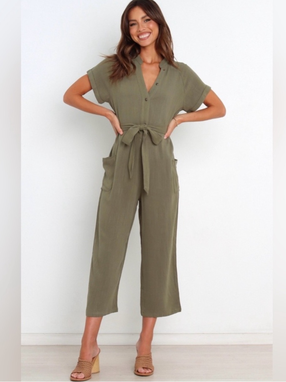 NWT Petal + Pup Archie Linen Jumpsuit Olive Green Size 10